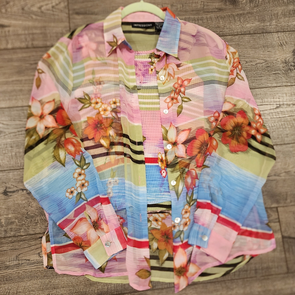Vintage Impressions Womens 2 Piece Sheer Floral Blouse W/Tank Size M Long Sleeve - Picture 2 of 11